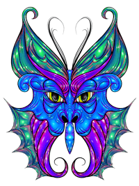 a blue and purple dragon head on a black background